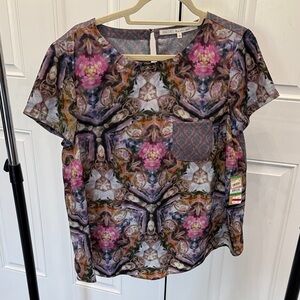 RACHEL Rachel Roy Purple Multicolor Floral-Print Short Sleeve Blouse